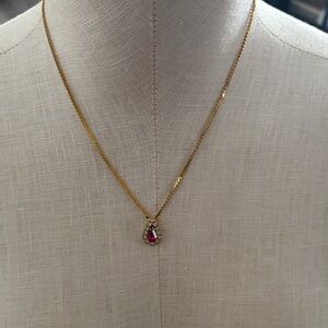 Gold Necklace with Red Teardrop Pendant
